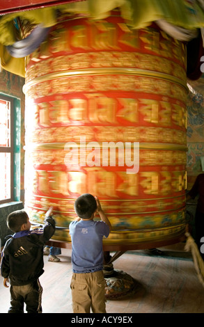 Kinder eine große Gebetsmühle dreht. Tsamchen Gompa. Bodhnath Stupa. Kathmandu-Tal. Nepal Stockfoto