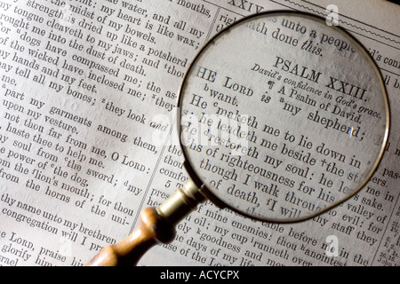 Lupe mit 20 dritten 23 Psalm in der Bibel Stockfoto