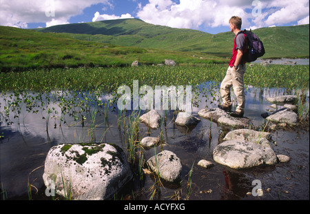 Sommer Hügel zu Fuß männliche Hügel Wanderer mit Rucksack auf Trittsteine am Loch Neldricken in Galloway Hills Scotland UK Stockfoto