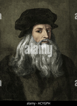 Leonardo da Vinci, 15.4.1452 - 2.5.1519, italienischer Maler und Bildhauer, Gravur nach Selbstporträt, 19. Jahrhundert, später farbig, Italien, Renaissance, Stockfoto