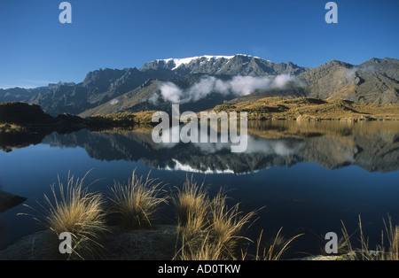 Berg Mururata, See Khelluani und Ichu Gras (Jarava ichu) auf La Reconquistada Trail, Cordillera Real, Bolivien Stockfoto