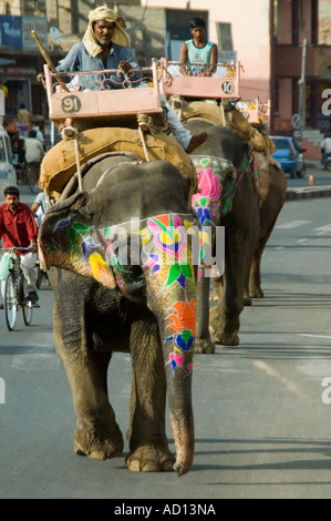 Vertikale Ansicht von zwei wunderschön bemalte indische Elefanten, die entlang der Straße in Jaipur. Stockfoto