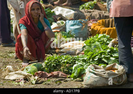 Horizontal in der Nähe auf einer indischen Frau verkaufen ihr Gemüse produzieren auf einem schlammigen Straßenrand auf dem Markt. Stockfoto