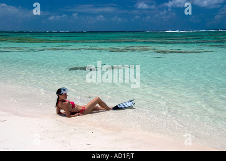 Frau am tropischen Strand, BVI, British Virgin Island, weibliche Schnorchler, Schnorcheln, türkisfarbenes Wasser, Insel Anegada entspannend, Stockfoto