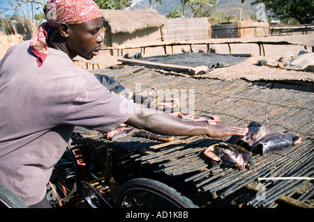 Junge schwarze afrikanische Fischer drehen Fisch über in der Sonne trocknen Stockfoto