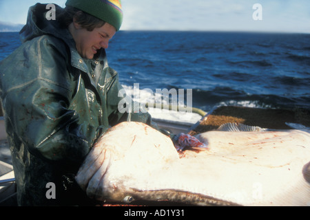 Kelly Stier reinigt eine Pazifische Heilbutt Hippoglossus Stenolepis Langleinen Fischerei im Golf von Alaska Stockfoto