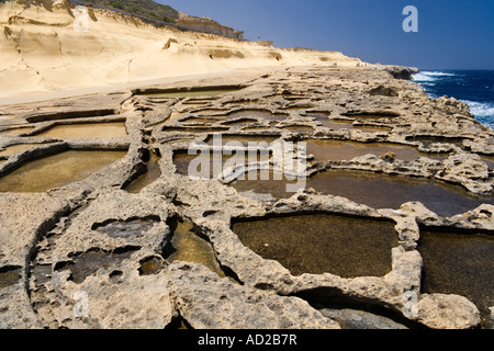 Salinen auf die Kosten bei Qbaijar in der Nähe von Marsalforn auf der kleinen Insel Gozo Malta Stockfoto