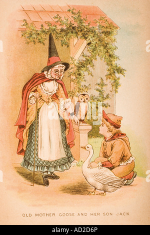 Alte Mutter Gans und ihr Sohn Jack aus Old Mother Goose s, Reime und Geschichten Stockfoto