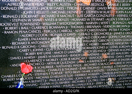 Inschriften der verstorbenen Soldaten eingraviert auf Wand, Vietnam Veterans Memorial, Washington, DC, USA Stockfoto