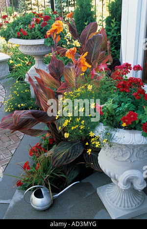 MINNESOTA TOWNHOME PATIO-GARTEN MIT STEINERNEN SOCKELN UND URNEN, TROPICANNA CANNAS, MOONBEAM COREOPSIS. JULI. Stockfoto