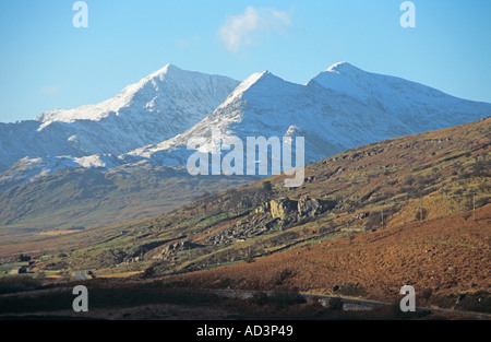 PEN Y PAS GWYNEDD NORTH WALES UK Dezember Blick auf Schnee bedeckt Snowdon Mountain aus der Sicht über Nant Cynnyd Stockfoto