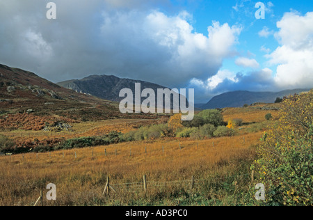 OGWEN VALLEY CONWY NORDWALES Vereinigtes Königreich Oktober mit Blick auf das Tal in Richtung Tryfan und Pen Yr Ole Wen im Eryri Snowdonia National Park Stockfoto