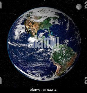 Dieses True-Color-Bild zeigt Nord- und Südamerika, wie sie 22.000 Meilen über der Erde aus dem Weltall erscheinen würden. Stockfoto