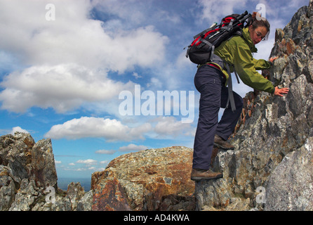 Eine Dame Kletterer absteigend einen steilen Abschnitt auf dem sehr schmalen und exponierten Crib Goch Grat in Nord-Wales Stockfoto