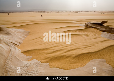 Nahaufnahme von Sand Wellen auf Kalkstein, Ernte während Sandsturm nähert. Auf dem Weg zum Gilf Kebir, Wüste Sahara. Ägypten. Stockfoto