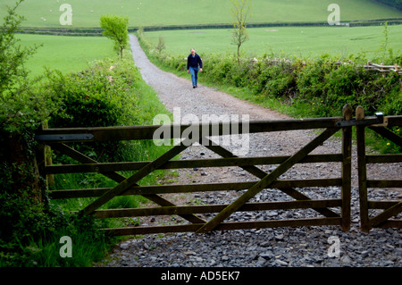 Einsamer Wanderer nähert sich 5 Bar gate auf Fußweg zum Skirrid Fawr Berg Abergavenny Monmouthshire South Wales UK Stockfoto