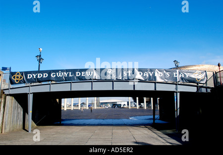 St. Davids Day Banner auf Steg bei Cardiff Bay South Wales UK Stockfoto