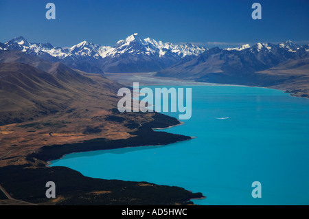 Lake Pukaki Aoraki Mt. Cook und Segelflugzeug Mackenzie Country Süd-Insel Neuseeland Stockfoto