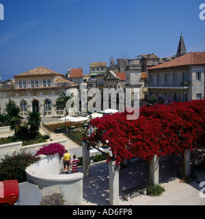 Blick über rote Bougainvillea Square, Gebäude und Palmen der Altstadt Korfu die Ionischen Inseln griechische Inseln Griechenlands Stockfoto