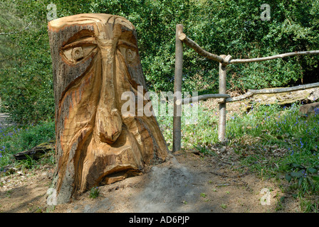 Eine geschnitzte Baumstamm in den Zauberwald, Groombridge Place Gärten nahe Tunbridge Wells in Kent. Stockfoto