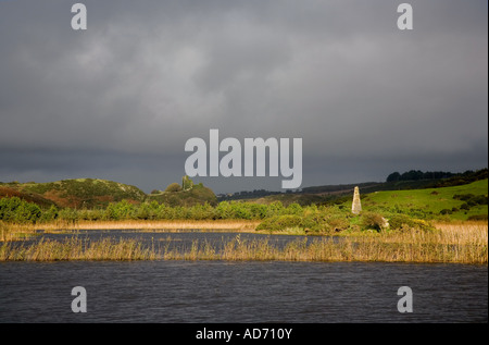 Die überfluteten Flussaue der Fluss Anne, rund um eine alte Obelisk mit entfernten Dunhill Castle, The Copper Coast, Grafschaft Waterford, Irland Stockfoto