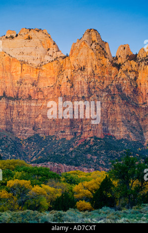 Sunrise-Licht auf den Türmen Jungfrau Zion Canyon Zion National Park in Utah Stockfoto