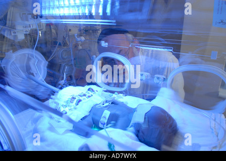 Religiöser jüdischer Arzt mit Frühgeborenen auf der neonatalen Intensivstation im Shaare Zedek Medical Center oder im Shaarei Tzedek Hospital, Jerusalem Stockfoto