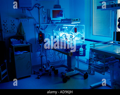 Ein Baby in einem Inkubator wird auf der Neugeborenenstation intensiv versorgt Stockfoto
