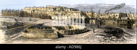 Pueblo Indian Village in New York 1800. Hand - farbige Holzschnitt Stockfoto