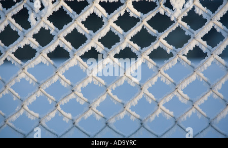 Frostbedeckter Drahtzaun, Finnland Stockfoto
