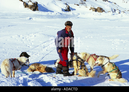 Grönlandhund (Canis Lupus F. Familiaris), Inuit-Führer der Hundeschlitten mit seinen Hunden, Grönland, Ammassalik, Angmagssalik, Ostgro Stockfoto