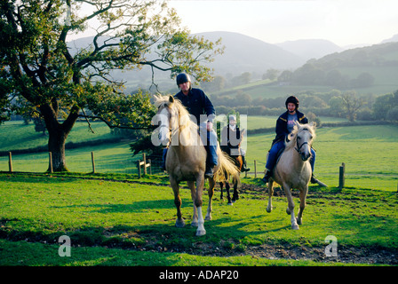 Pony trekking Reiten auf Penlone Bauernhof mit Elan Tal hinter. In der Nähe von Rhayader, zentrale Wales, UK Stockfoto