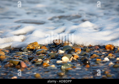 Meerwasser und Schaum um zu überdecken Kieselsteinen an einem steinigen Strand in County Wexford Ireland im Abendlicht in Rauschen Stockfoto