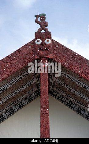 Holzschnitzereien auf einem Marae, Rotorua, Neuseeland Stockfoto