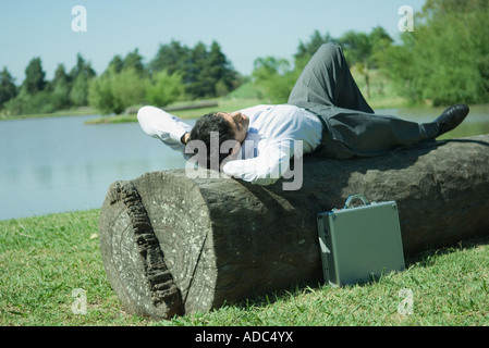 Geschäftsmann am Baumstamm, Hände hinter Kopf liegen Stockfoto