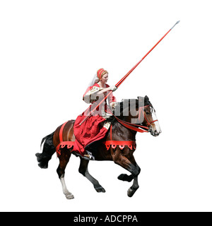 Mittelalterliche Ritter im Galopp sein Pferd Trooper Aktion Reiter Reiter Reiter Pferdesport ritterlichen ritterlichen errantly Speer Hecht Stockfoto