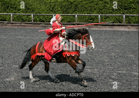 Mittelalterliche Ritter im Galopp sein Pferd Trooper Aktion Reiter Reiter Reiter Pferdesport ritterlichen ritterlichen errantly Speer Hecht Stockfoto