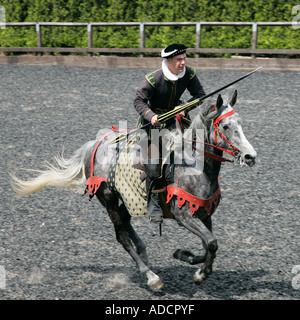 Mittelalterliche Ritter im Galopp sein Pferd Trooper Aktion Reiter Reiter Reiter Pferdesport ritterlichen ritterlichen errantly Speer Hecht Stockfoto