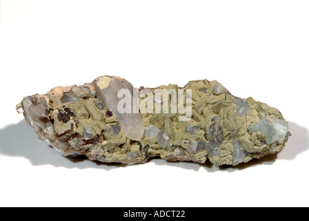 Mineral Topas, weiß-blauen Topas Kristallen übersät in Glimmer Platten, Goonbarrow China Tongrube, St. Austell, Cornwall, England Stockfoto