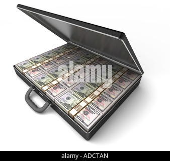 Ein Aktenkoffer voller 50 Dollar Banknoten. weißen Hintergrund. $50 Dollar Noten. Stockfoto