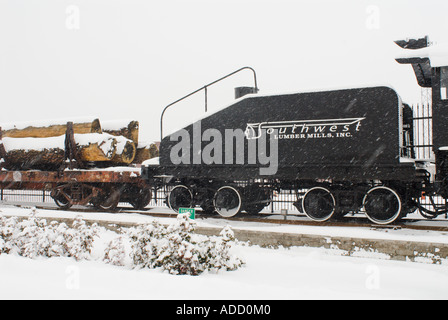 Kohle-Car und Log Car Baldwin Dampflok Nummer 25 in ein Winter-Schnee-Sturm in der Innenstadt von Flagstaff, Arizona Stockfoto