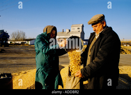 Pensionierte Kollektivmitglieder, die ihre Rente in Getreide im Kollektivkongressbetrieb 21. in der Nähe von Donetske, Ostukraine, erhalten, Oktober 1989. Stockfoto