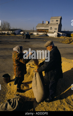 Pensionierte Kollektivmitglieder, die ihre Rente in Getreide im Kollektivkongressbetrieb 21. in der Nähe von Donetske, Ostukraine, erhalten, Oktober 1989. Stockfoto