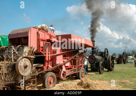 Marshall Dreschtrommel angetrieben landwirtschaftliche Zugmaschine am arbeiten Tourbus Steam Rally Norfolk UK Stockfoto