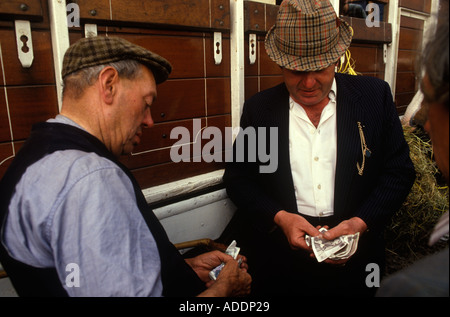 Bargeld in der Hand ein Zahlungspferd Pferdehändler, der Geldschwaden auszählt, Appleby Gypsy Horse Fair Appleby in Westmorland Cumbria 1980s 1985 HOMER SYKES Stockfoto