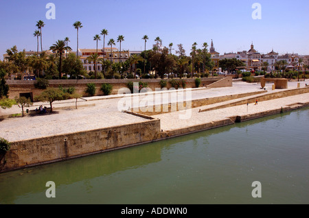 Blick auf die Ufer des Guadalquivir Flusses Río Sevilla Sevilla Andalusien Andalusien España Spanien Iberia Europa Stockfoto