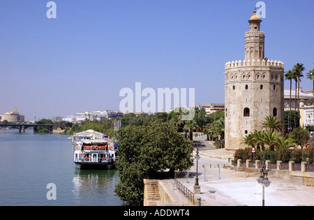 Anzeigen der Fluss Guadalquivir & Torre del Oro Gold Tower Sevilla Sevilla Andalusien Andalusien España Spanien Iberia Europa Stockfoto