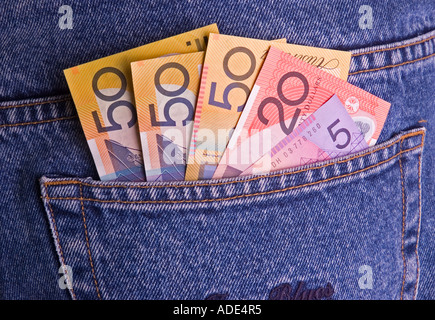 Australische Banknoten in der hinteren Tasche Blue Jeans. DSC 8713 Stockfoto