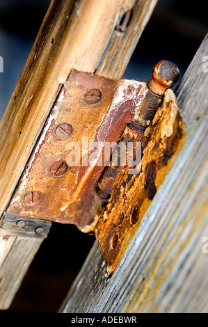 Rostige Scharnier auf alte verwitterte Holz in einem Winkel Stockfoto