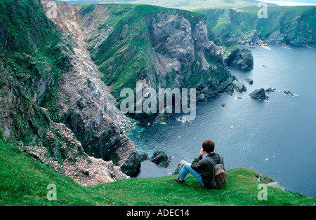 An einem Aussichtspunkt beobachten Tölpeln nisten auf Klippen am Hermaness Unst Shetland Inseln Schottland Großbritannien am nördlichsten Punkt des britischen Stockfoto